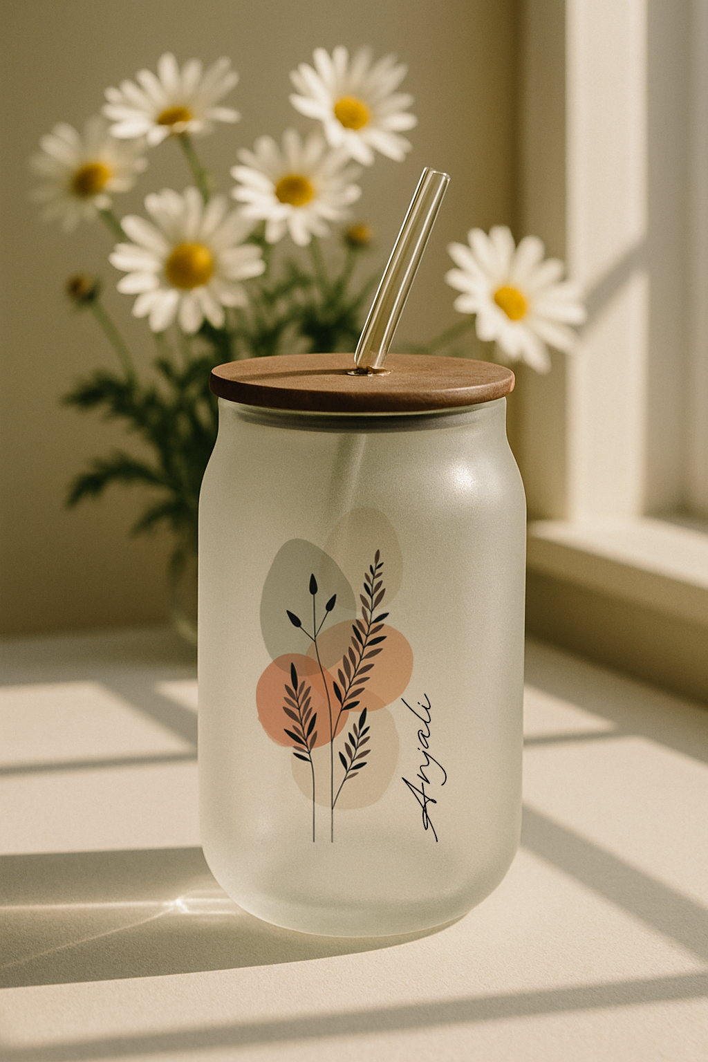 Personalized Boho Ember Frosted Glass Can Sipper 500ml – Coffee Tumbler with Straw & Lid