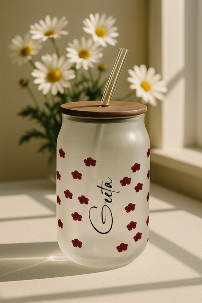 Personalized Petite Fleur Frosted Glass Can Sipper 500ml – Coffee Tumbler with Straw & Lid