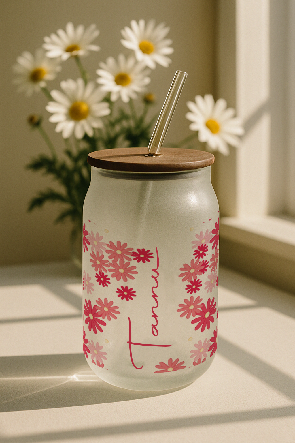 Personalized Sweet Meadow Frosted Glass Can Sipper 500ml – Coffee Tumbler with Straw & Lid