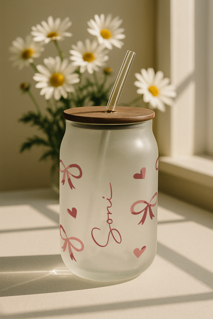 Personalized Bowtique Frosted Glass Can Sipper 500ml – Coffee Tumbler with Straw & Lid