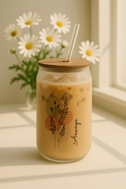 Personalized Boho Ember Frosted Glass Can Sipper 500ml – Coffee Tumbler with Straw & Lid