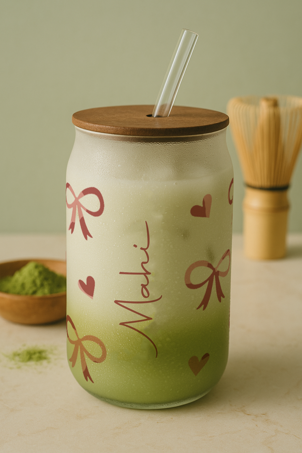 Personalized Bowtique Frosted Glass Can Sipper 500ml – Coffee Tumbler with Straw & Lid