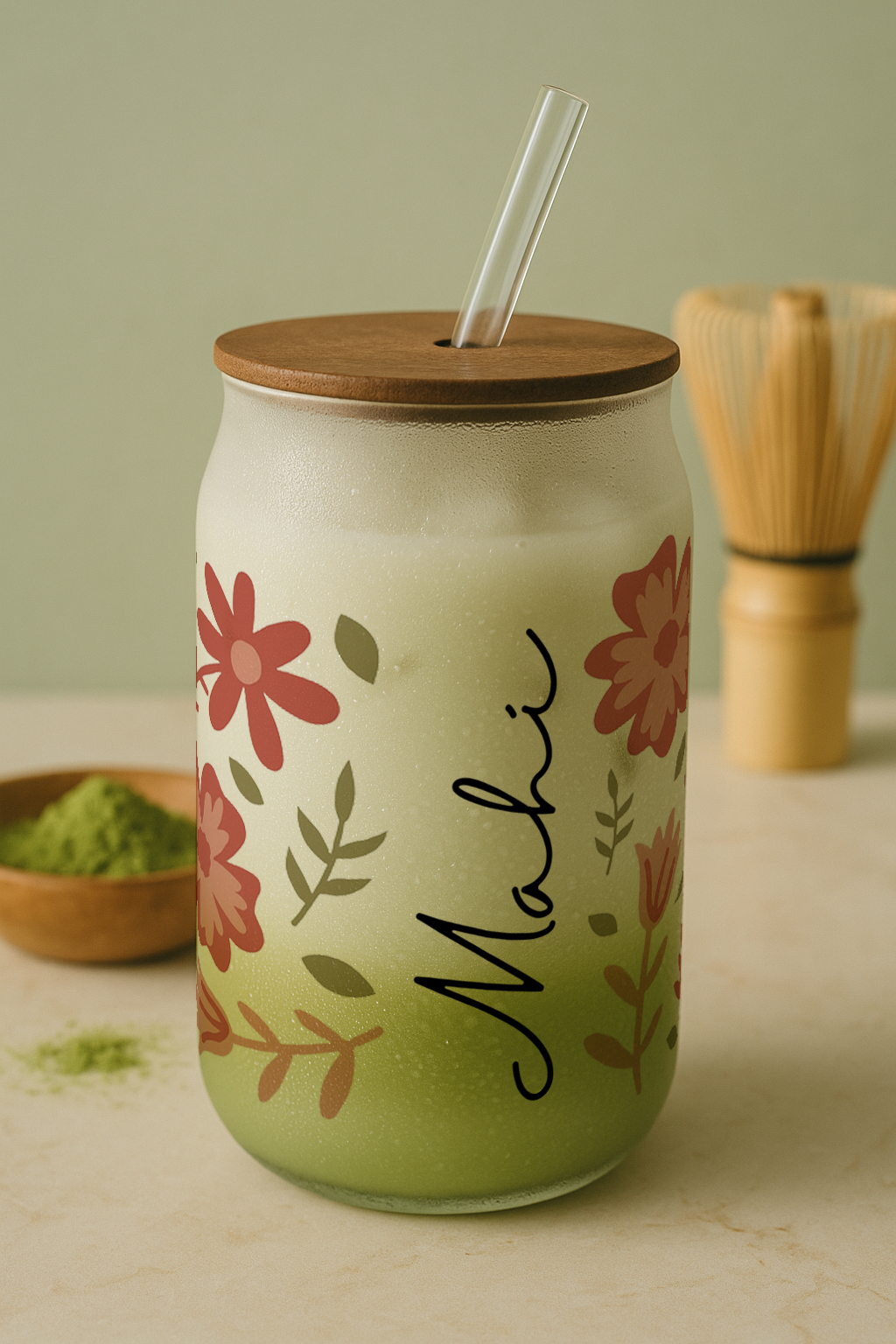 Personalized Floral Valley Frosted Glass Can Sipper 500ml – Coffee Tumbler with Straw & Lid