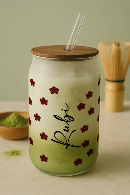 Personalized Petite Fleur Frosted Glass Can Sipper 500ml – Coffee Tumbler with Straw & Lid