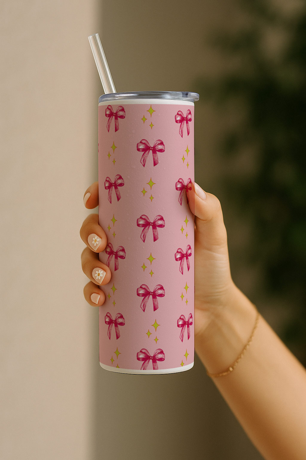 Colossal Tumbler 700ML with Straw| Sparkles And Bows All Over Print |Double Walled Insulated Tumbler 7-8 hrs