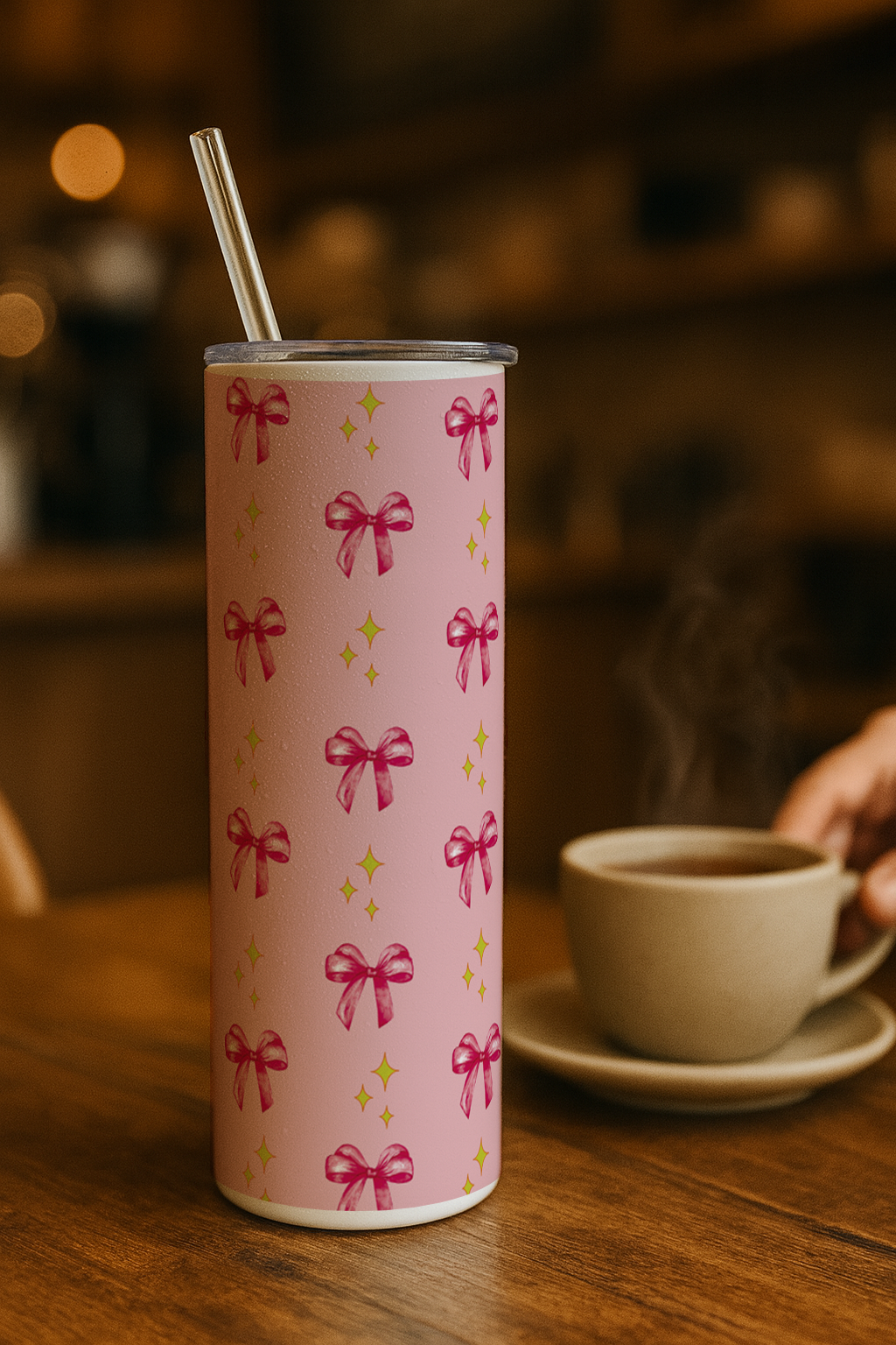 Colossal Tumbler 700ML with Straw| Sparkles And Bows All Over Print |Double Walled Insulated Tumbler 7-8 hrs