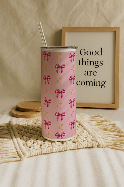Colossal Tumbler 700ML with Straw| Sparkles And Bows All Over Print |Double Walled Insulated Tumbler 7-8 hrs