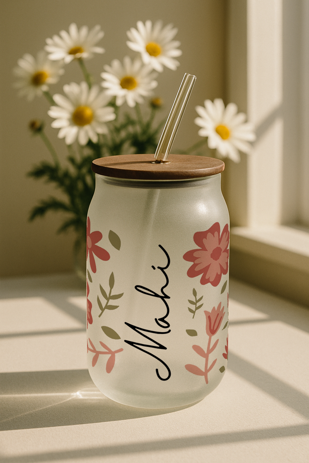 Personalized Frosted Can Sipper 500ml|Blossom Meadow Name | Coffee Glass Tumbler with straw and lid 22oz