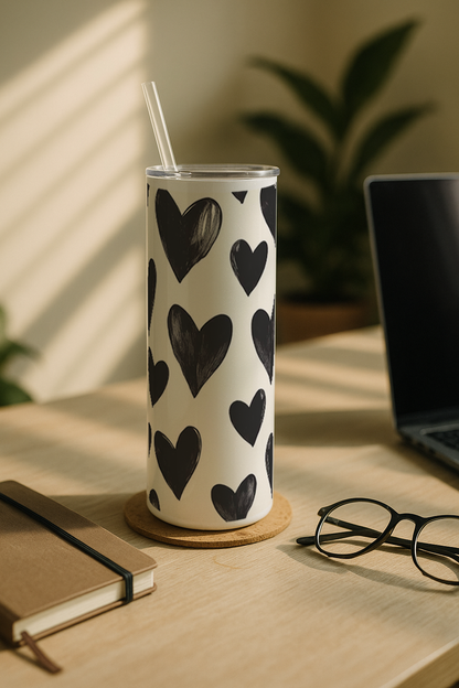 Colossal Tumbler 700ML with Straw | Bouji Black Hearts Print |Double Walled Insulated Tumbler 7-8 hrs