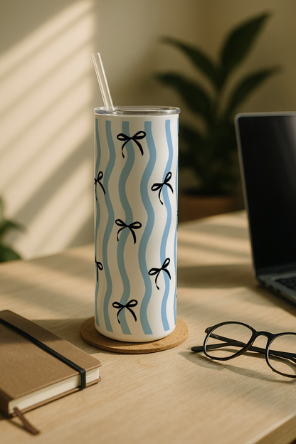 Colossal Tumbler 700ML with Straw| Stripey Bows Print |Double Walled Insulated Tumbler 7-8 hrs
