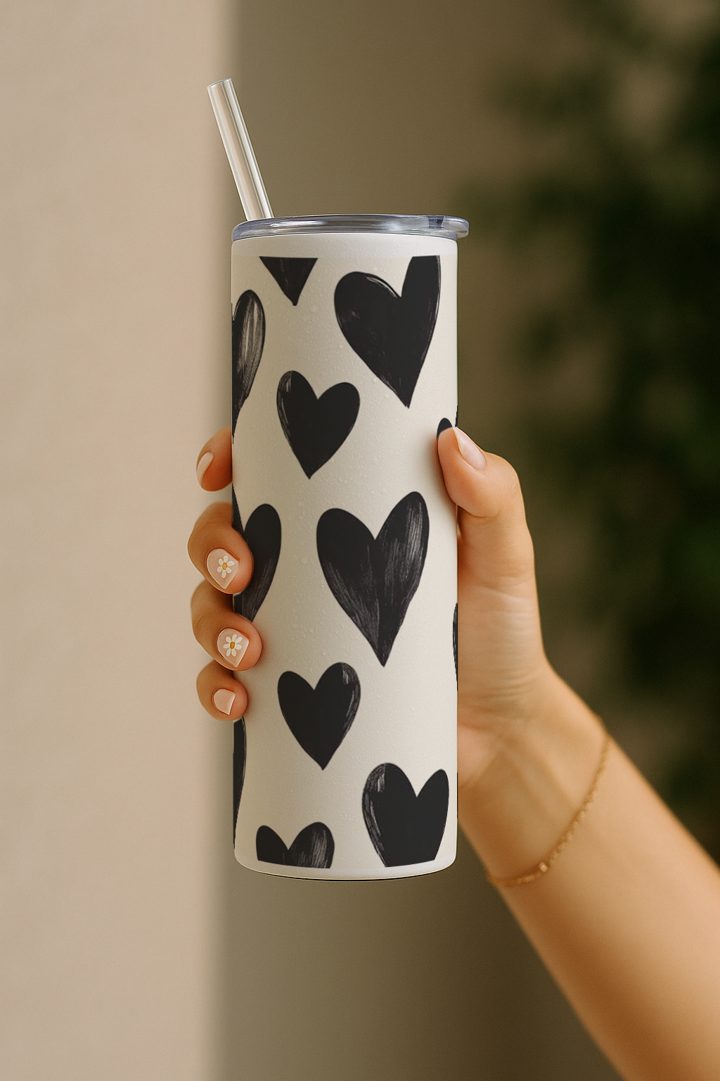 Colossal Tumbler 700ML with Straw | Bouji Black Hearts Print |Double Walled Insulated Tumbler 7-8 hrs