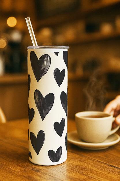 Colossal Tumbler 700ML with Straw | Bouji Black Hearts Print |Double Walled Insulated Tumbler 7-8 hrs