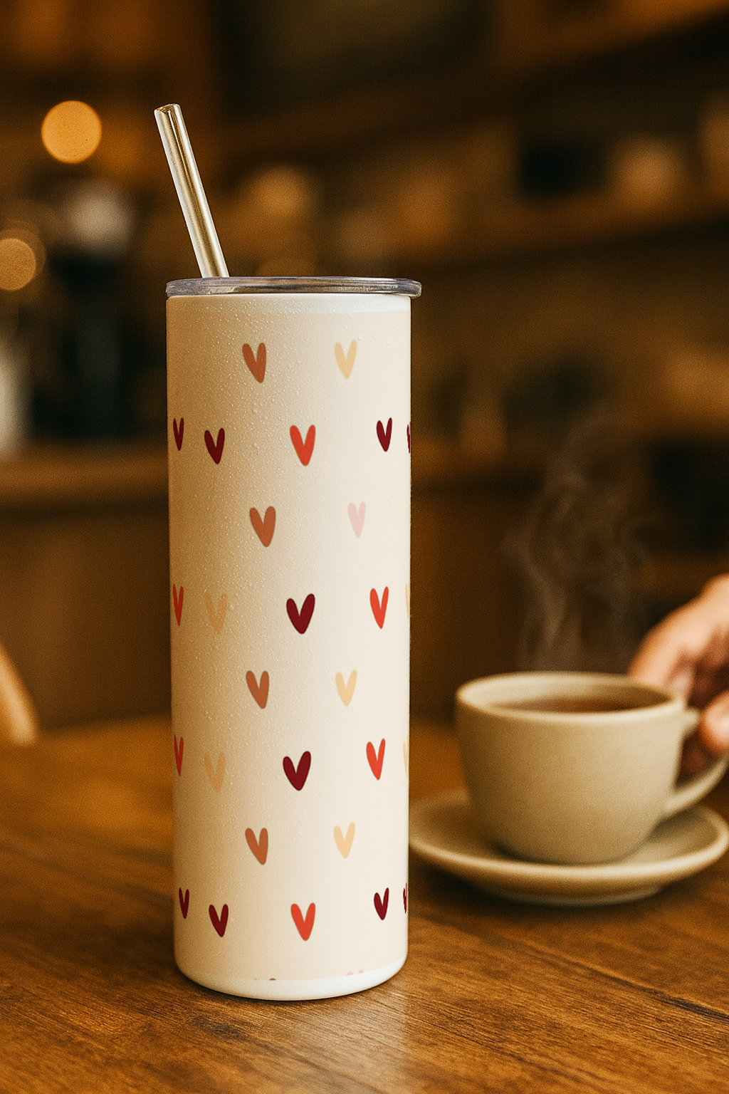 Colossal Tumbler 700ML with Straw| Cherry Hearts Print |Double Walled Insulated Tumbler 7-8 hrs