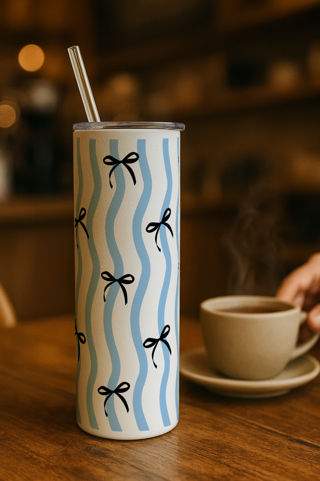 Colossal Tumbler 700ML with Straw| Stripey Bows Print |Double Walled Insulated Tumbler 7-8 hrs