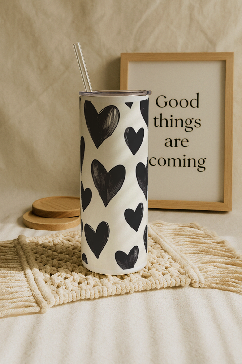 Colossal Tumbler 700ML with Straw | Bouji Black Hearts Print |Double Walled Insulated Tumbler 7-8 hrs