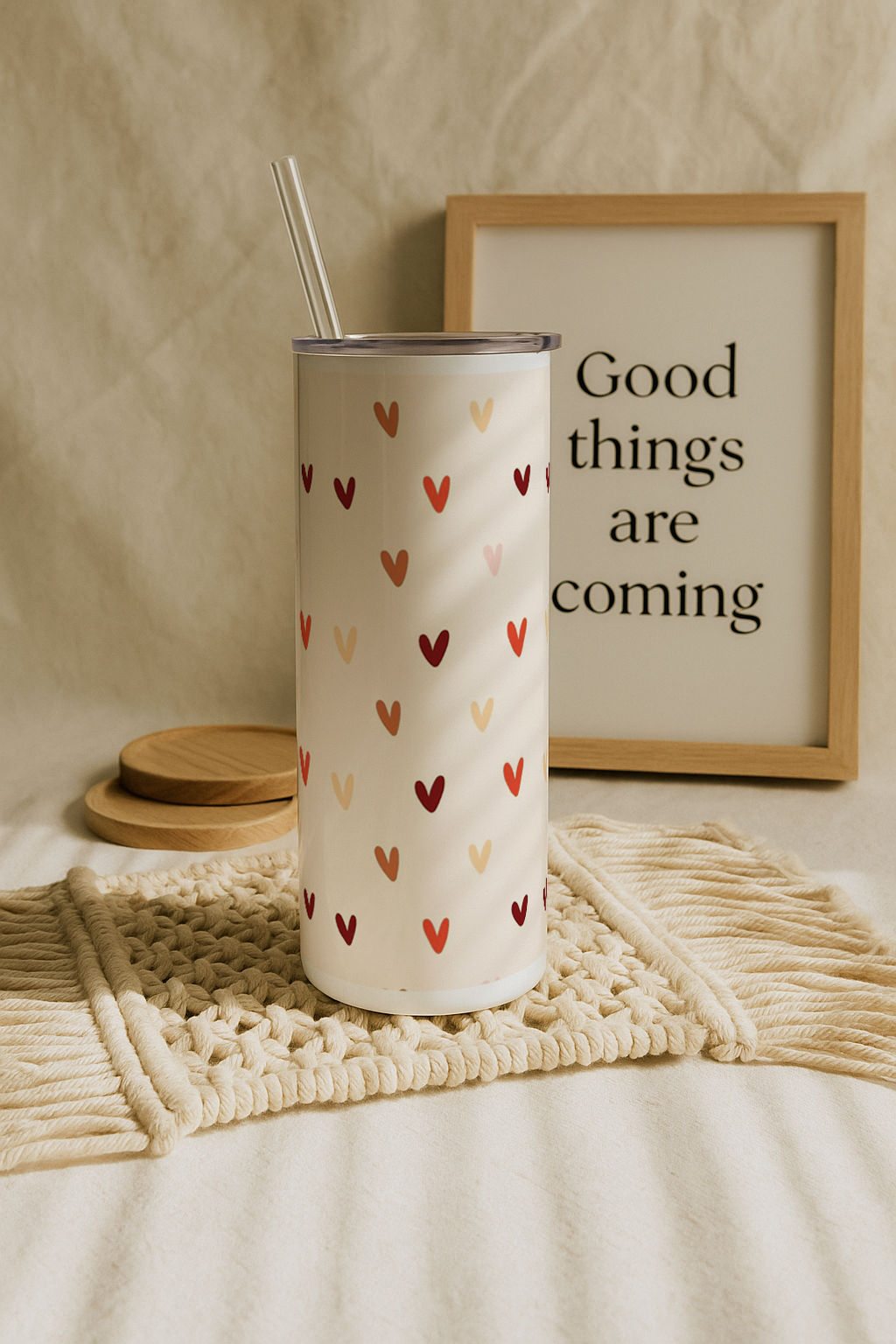 Colossal Tumbler 700ML with Straw| Cherry Hearts Print |Double Walled Insulated Tumbler 7-8 hrs