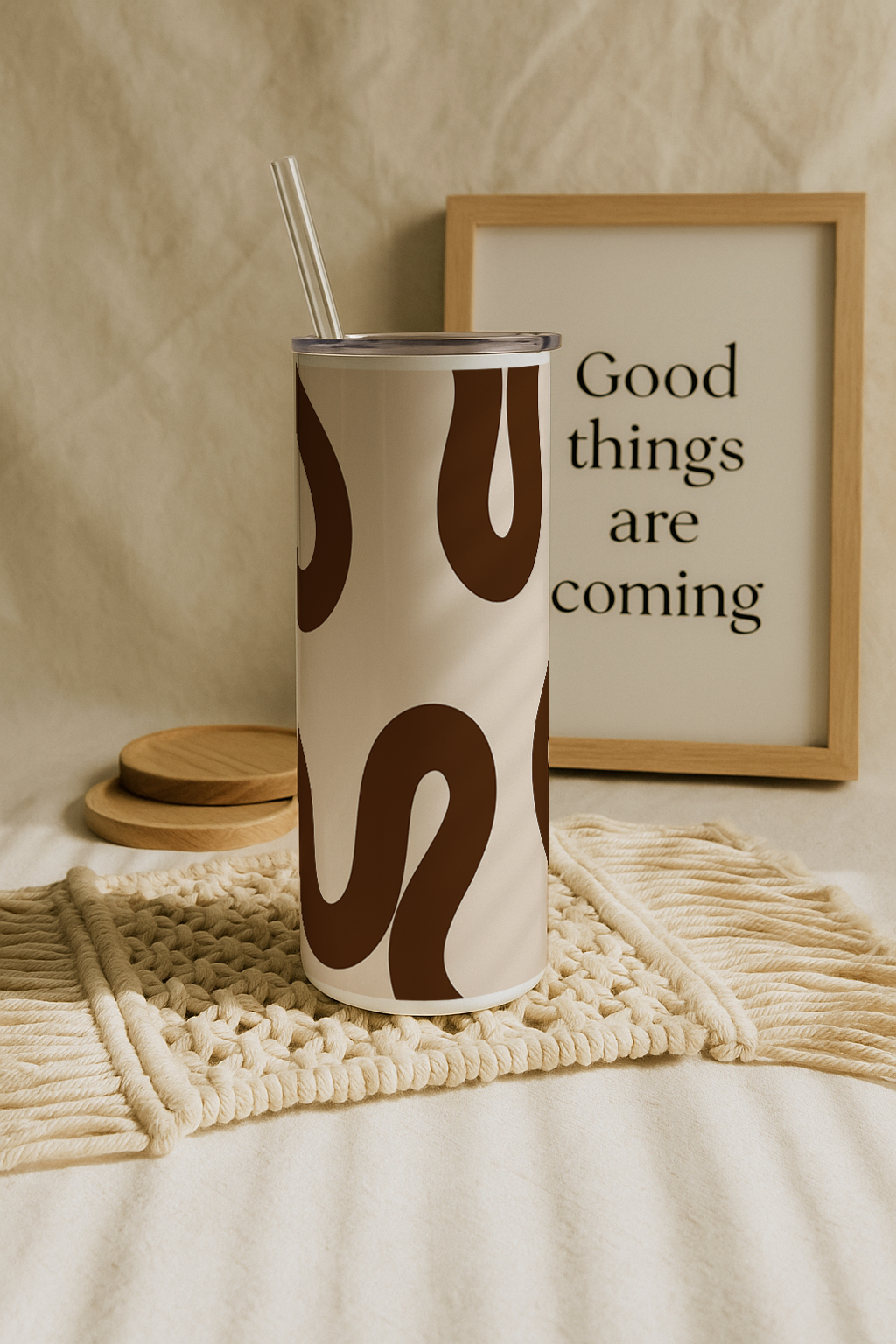 Colossal Tumbler 700ML with Straw | Mocha Wave Print |Double Walled Insulated Tumbler 7-8 hrs