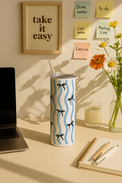 Colossal Tumbler 700ML with Straw| Stripey Bows Print |Double Walled Insulated Tumbler 7-8 hrs