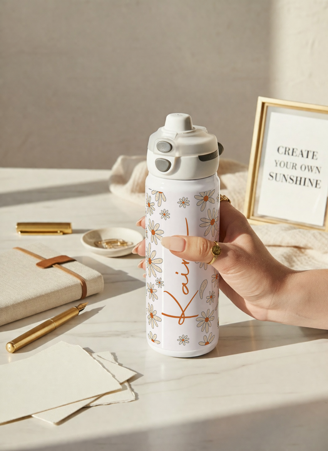 Personalised Lumi Insulated Premium Water Bottle 650ml – Azure Daisy Garden Print | 12+ Hours Hot & Cold | 2-Way Lid