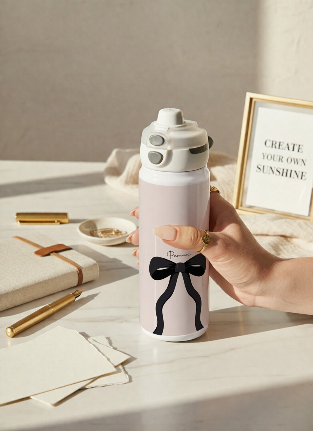 Personalised Lumi Insulated Premium Water Bottle 650ml – Noir Ribbon Print | 12+ Hours Hot & Cold | 2-Way Lid