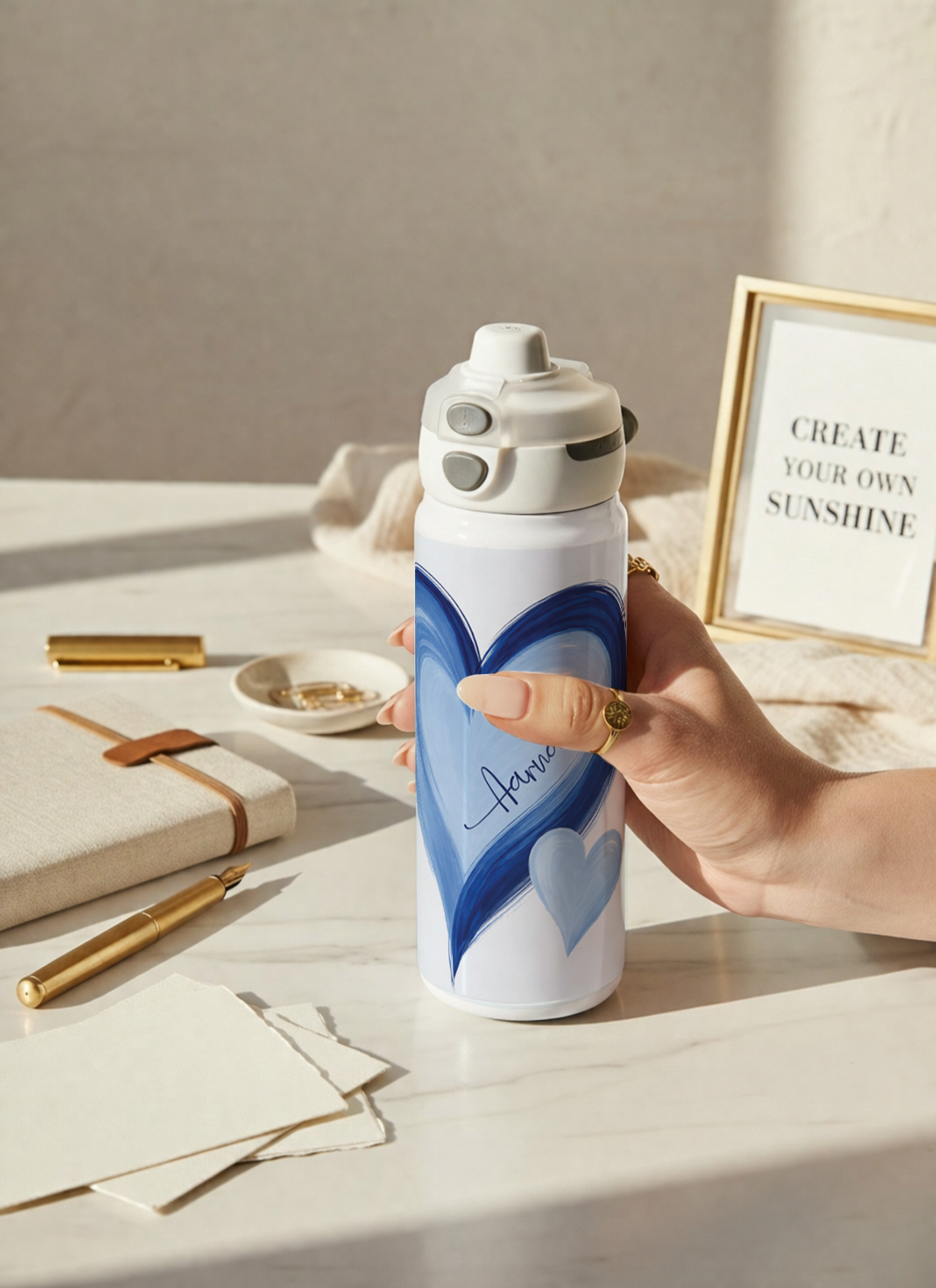 Personalised Lumi Insulated Premium Water Bottle 650ml – Indigo Hearts Print | 12+ Hours Hot & Cold | 2-Way Lid