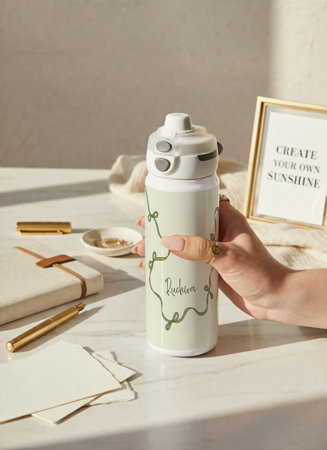 Personalised Lumi Insulated Premium Water Bottle 650ml – Emerald Ribbons Print | 12+ Hours Hot & Cold | 2-Way Lid