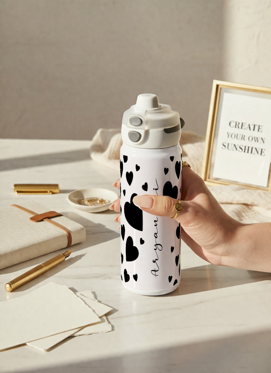 Personalised Lumi Insulated Premium Water Bottle 650ml – Noir Hearts Print | 12+ Hours Hot & Cold | 2-Way Lid