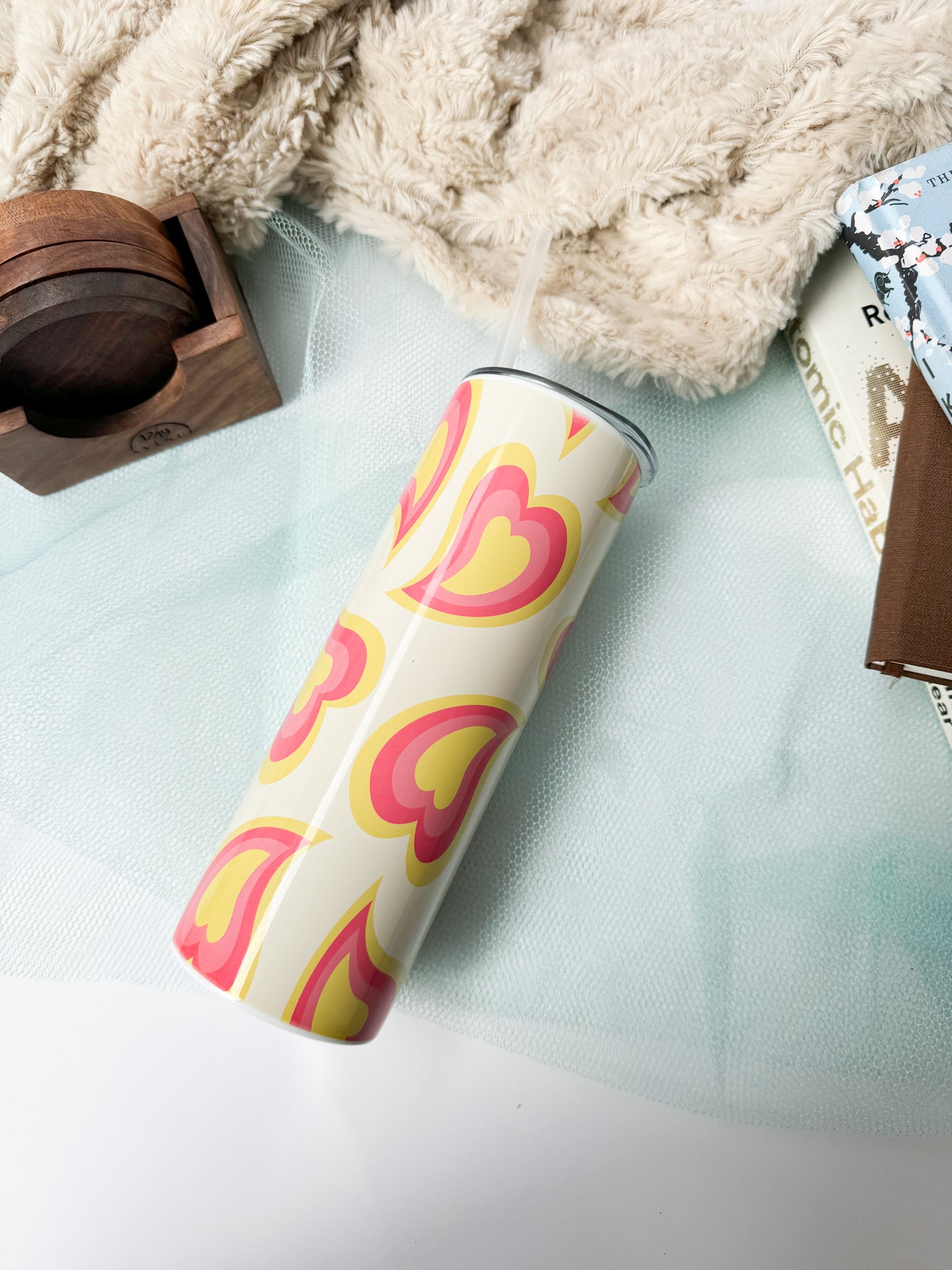 Colossal Tumbler 750ml with Silicon Straw | Pink Hearty Swirl Print| Double Walled Insulated Tumbler 26oz