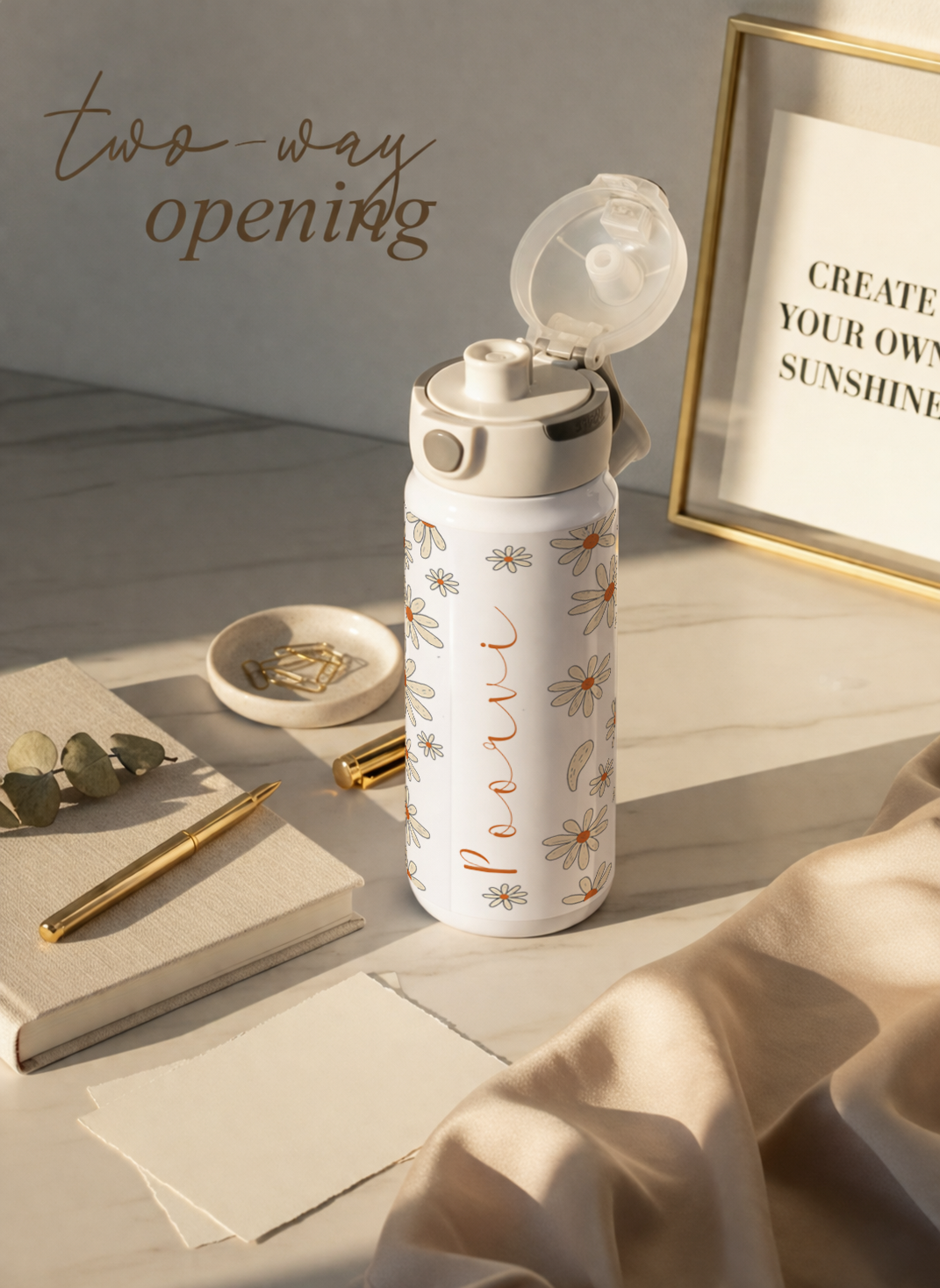Personalised Lumi Insulated Premium Water Bottle 650ml – Azure Daisy Garden Print | 12+ Hours Hot & Cold | 2-Way Lid