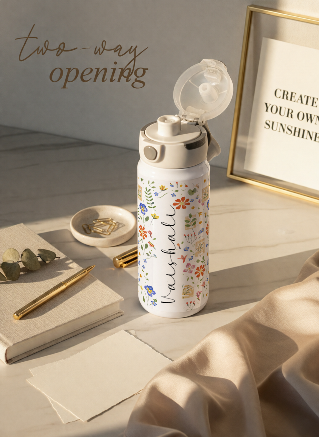 Personalised Lumi Insulated Premium Water Bottle 650ml – Enchanted Petals Print | 12+ Hours Hot & Cold | 2-Way Lid
