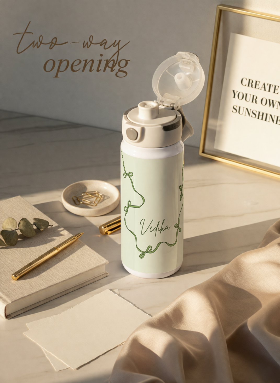 Personalised Lumi Insulated Premium Water Bottle 650ml – Emerald Ribbons Print | 12+ Hours Hot & Cold | 2-Way Lid
