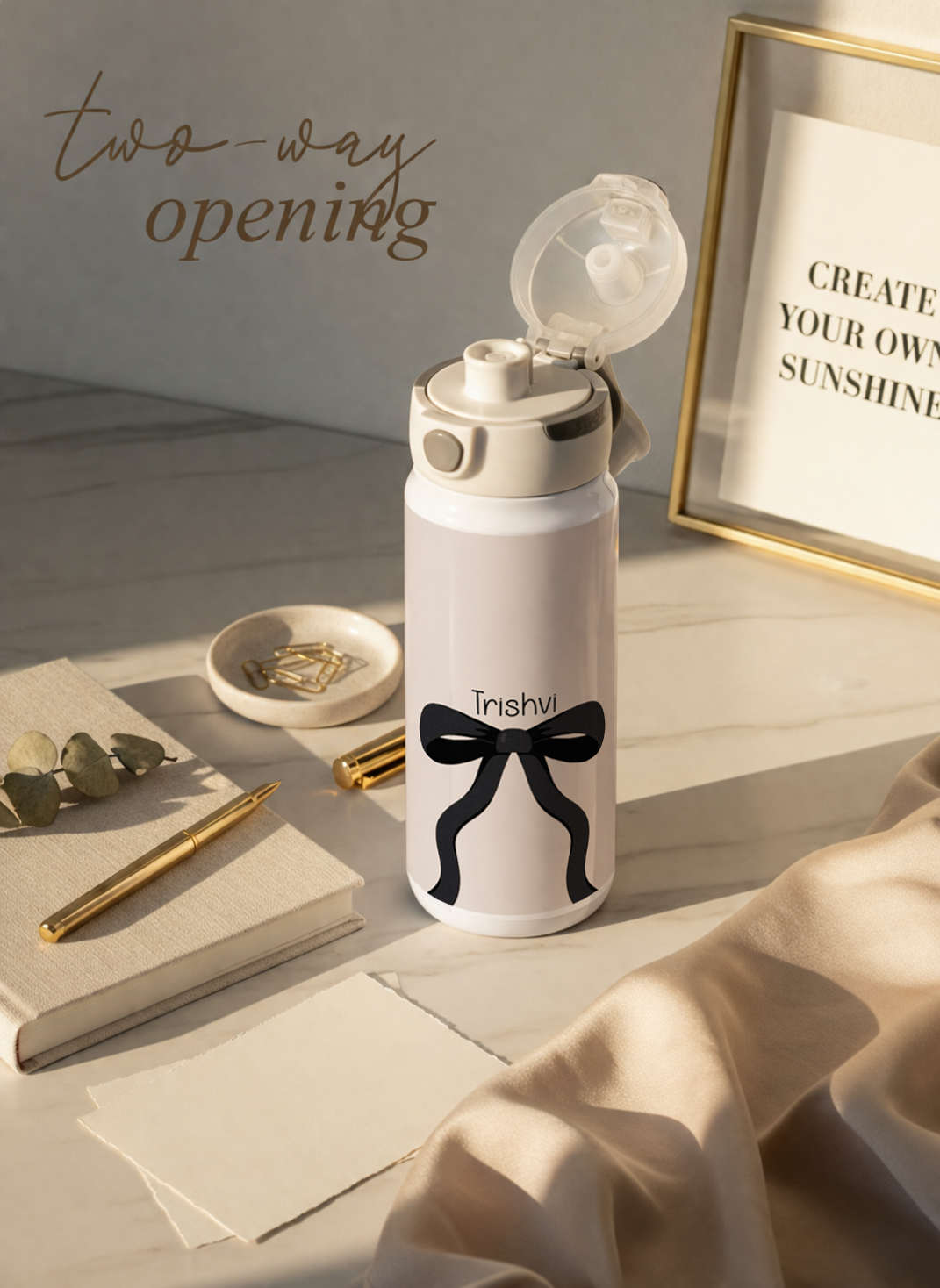 Personalised Lumi Insulated Premium Water Bottle 650ml – Noir Ribbon Print | 12+ Hours Hot & Cold | 2-Way Lid
