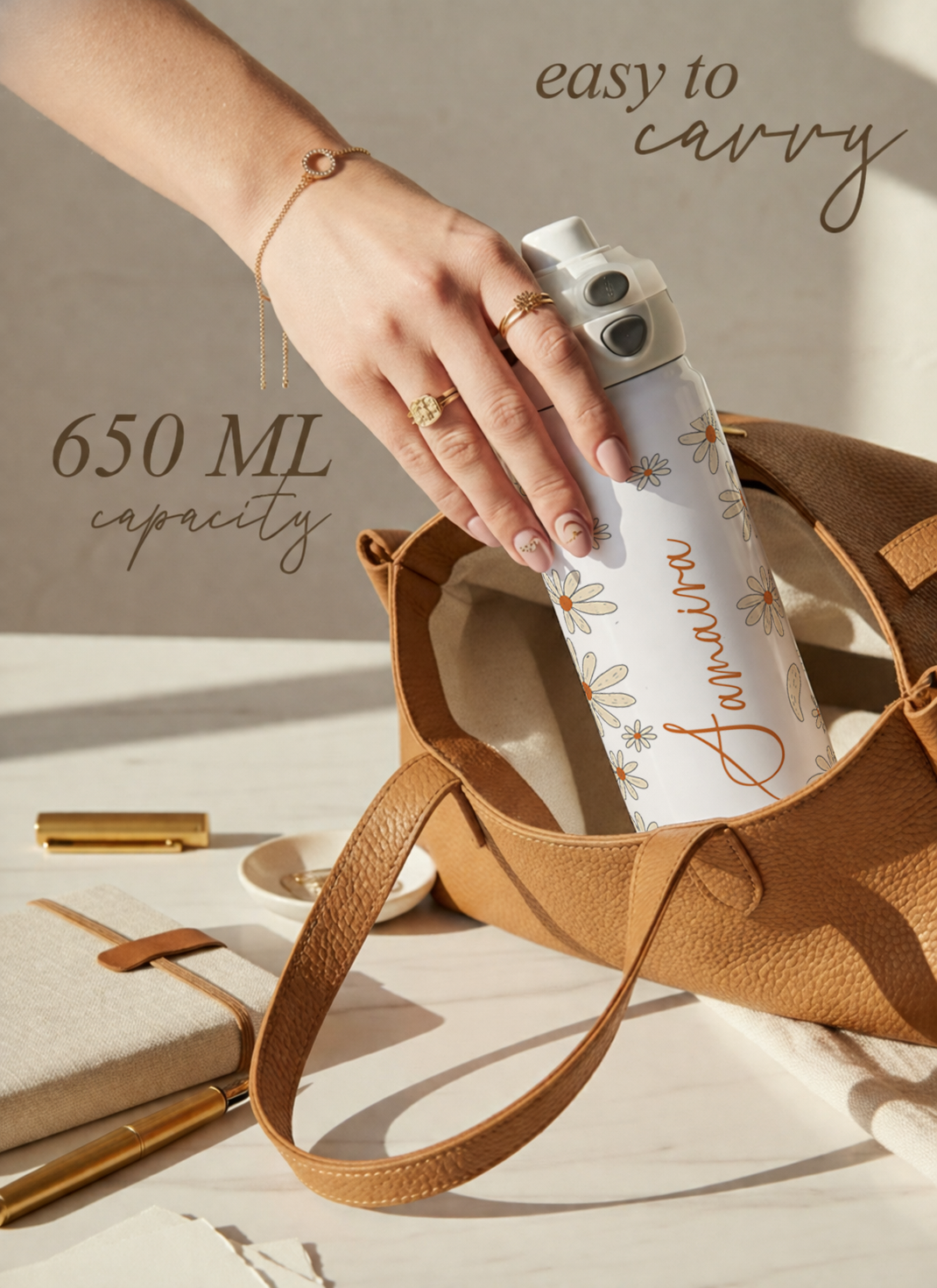 Personalised Lumi Insulated Premium Water Bottle 650ml – Azure Daisy Garden Print | 12+ Hours Hot & Cold | 2-Way Lid