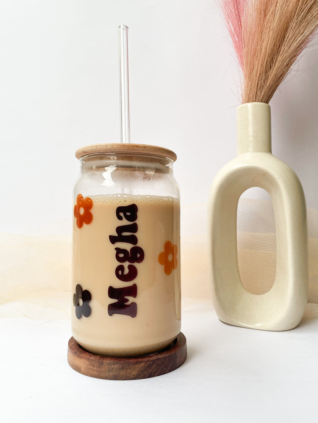 Personalized Clear Can Sipper 500ml| Name With Flowers| Coffee Glass Tumbler with straw and lid 22oz