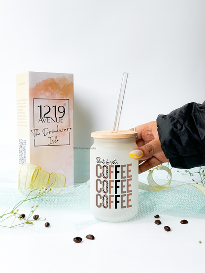 Frosted Can Shaped Sipper 500ml| But First Coffee Print| 17oz Can Tumbler with Straw and Lid