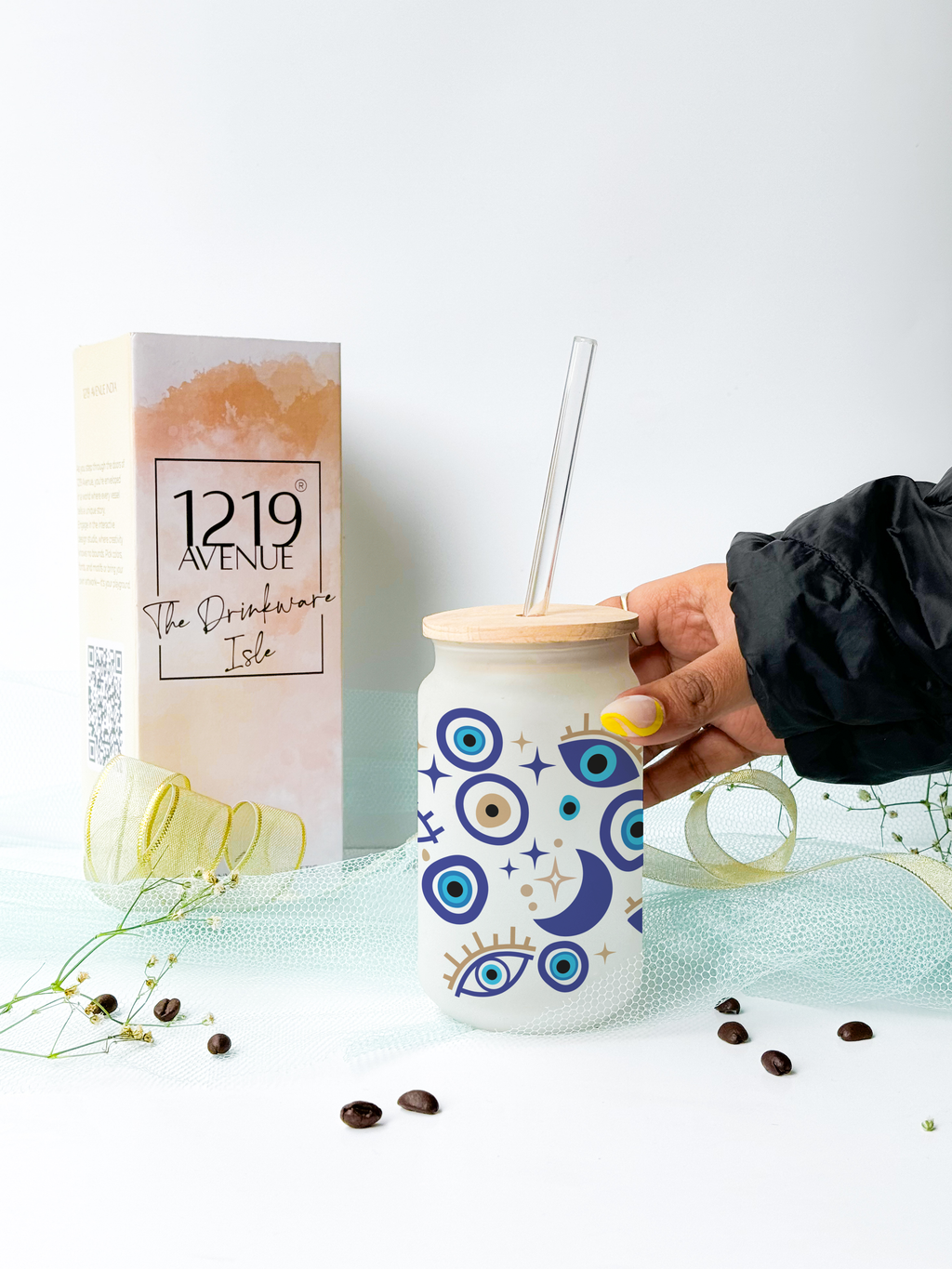 Personalized Frosted Can Sipper 500ml|Evil Eye Name | Coffee Glass Tumbler with straw and lid 22oz