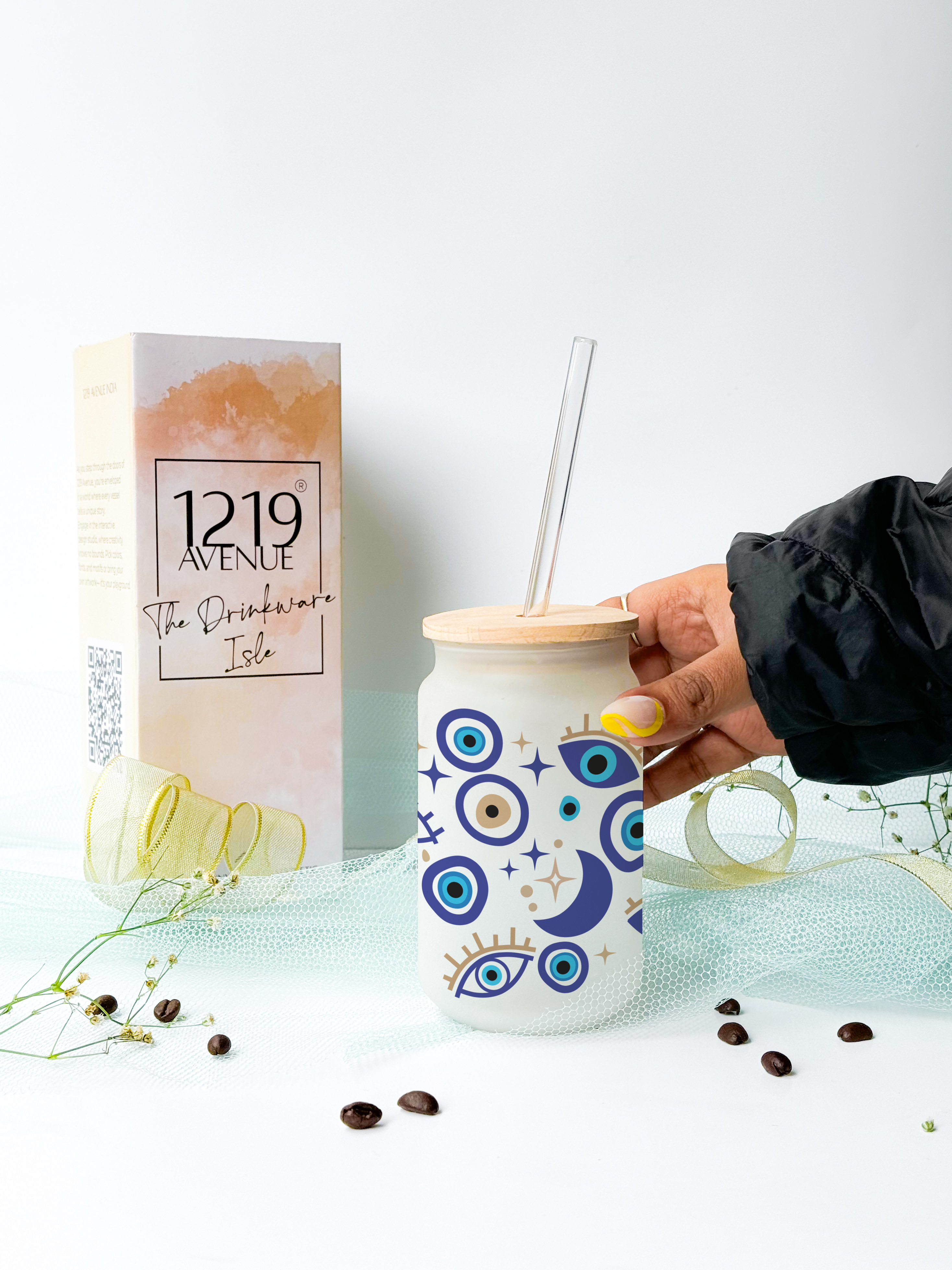 Personalized Frosted Can Sipper 500ml|Evil Eye Name | Coffee Glass Tumbler with straw and lid 22oz