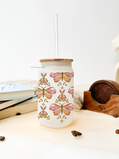 Frosted Can Shaped Sipper 500ml | Boho Butterfly Print| 17oz Can Tumbler with Straw and Lid