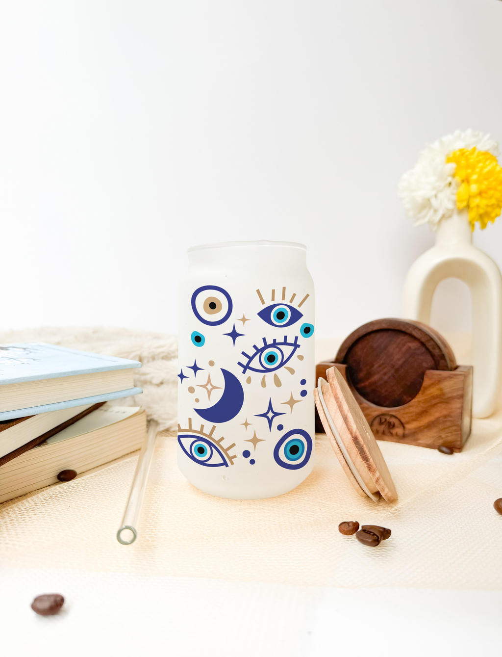 Personalized Frosted Can Sipper 500ml|Evil Eye Name | Coffee Glass Tumbler with straw and lid 22oz