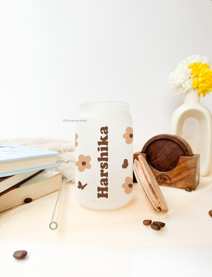 Personalized Frosted Can Sipper 500ml| Flutter Flora Name| Coffee Glass Tumbler with straw and lid 22oz