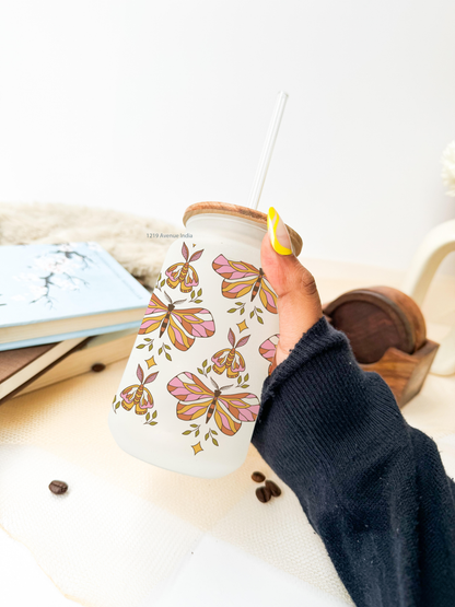 Frosted Can Shaped Sipper 500ml | Boho Butterfly Print| 17oz Can Tumbler with Straw and Lid