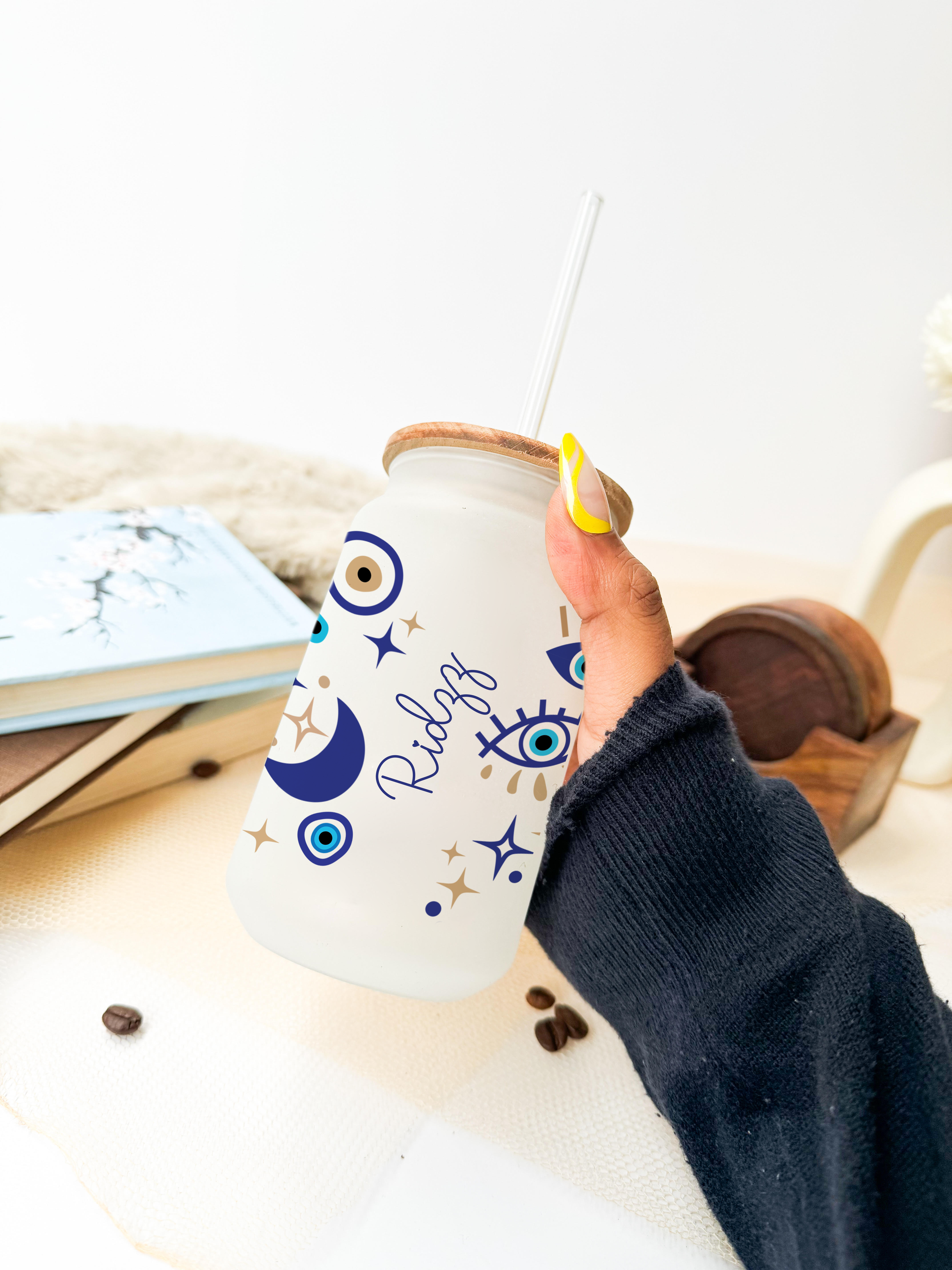 Personalized Frosted Can Sipper 500ml|Evil Eye Name | Coffee Glass Tumbler with straw and lid 22oz