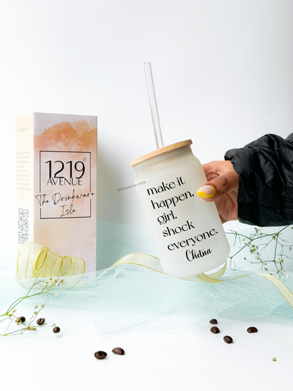 Personalized Frosted Can Sipper 500ml| Motivation Quote and Name| Coffee Glass Tumbler with straw and lid 22oz