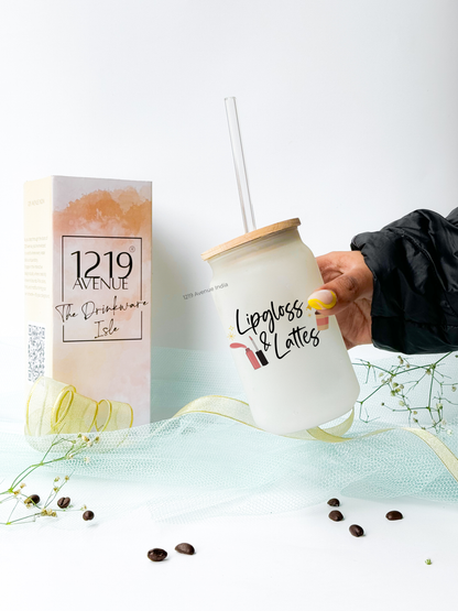 Frosted Can Shaped Sipper 500ml| Lip Gloss & Lattes Print| 17oz Can Tumbler with Straw and Lid