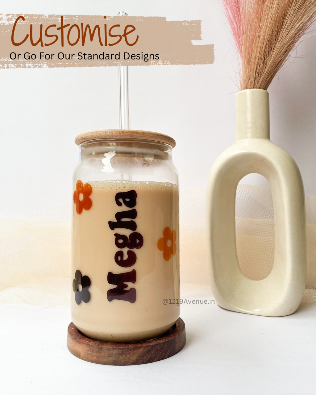 Personalized Clear Can Sipper 500ml| Name With Flowers| Coffee Glass Tumbler with straw and lid 22oz