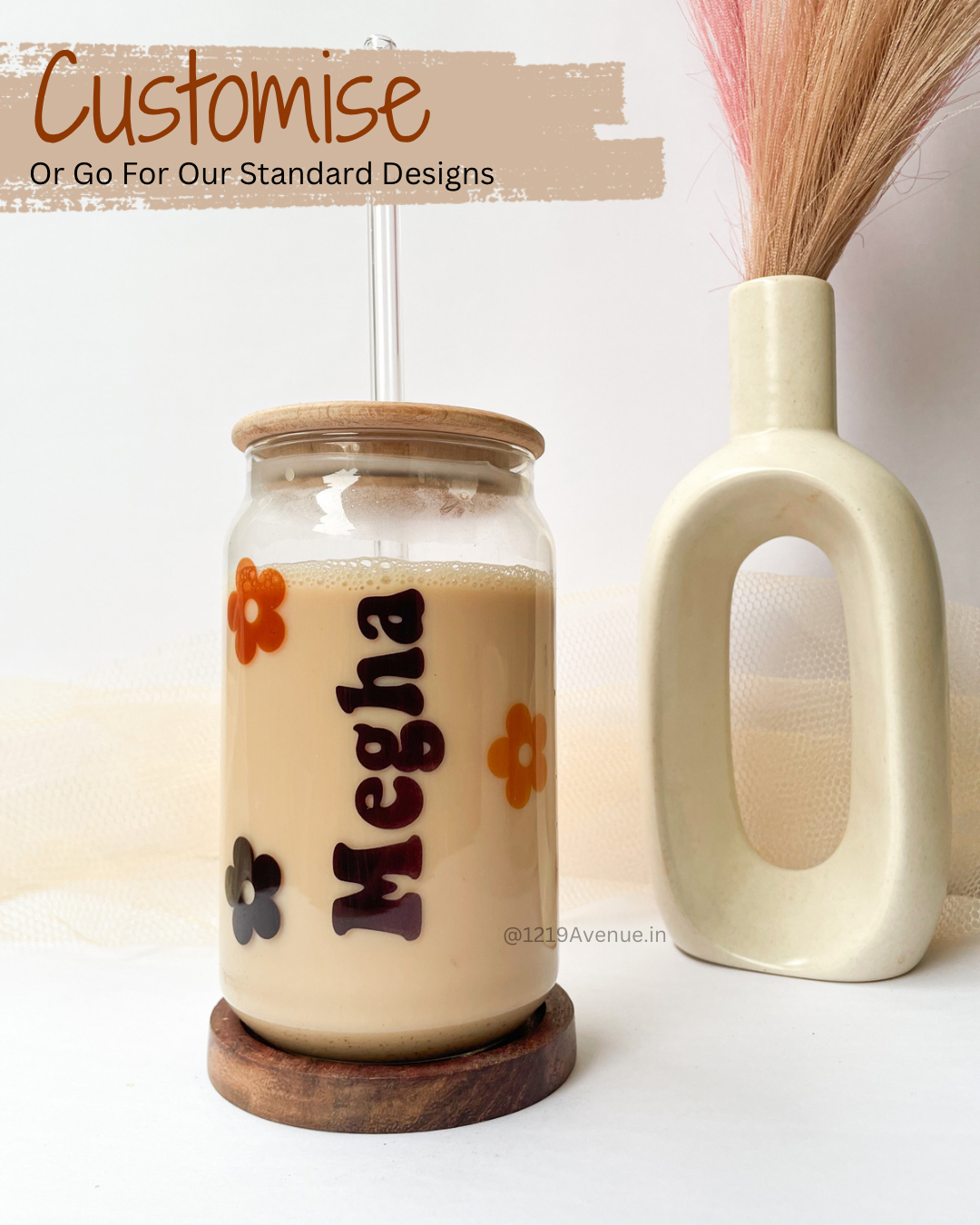 Personalized Clear Can Sipper 500ml| Name With Flowers| Coffee Glass Tumbler with straw and lid 22oz