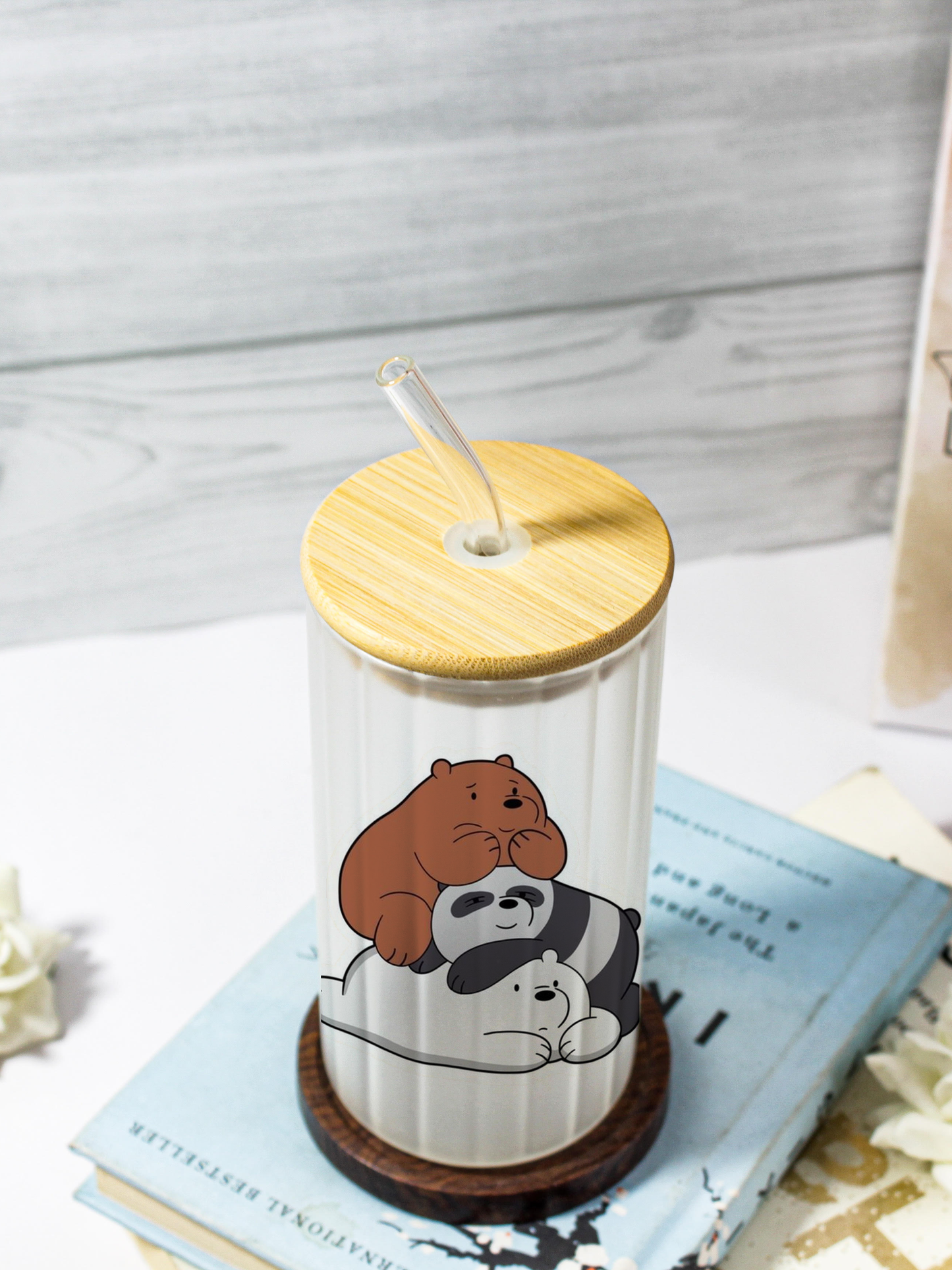 Frosted Ripple Taille Sipper 500ml| Bare Bears Print | 18oz Ripple Frosted Glass Tumbler with lid and straw