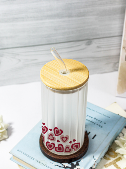 Frosted Ripple Taille Sipper 500ml| Y2K Hearts All Over Print | 18oz Ripple Frosted Glass Tumbler with lid and straw