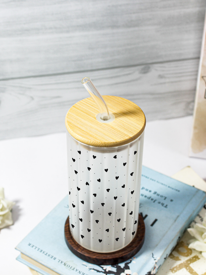 Frosted Ripple Taille Sipper 500ml| Petite Hearts All Over Print | 18oz Ripple Frosted Glass Tumbler with lid and straw