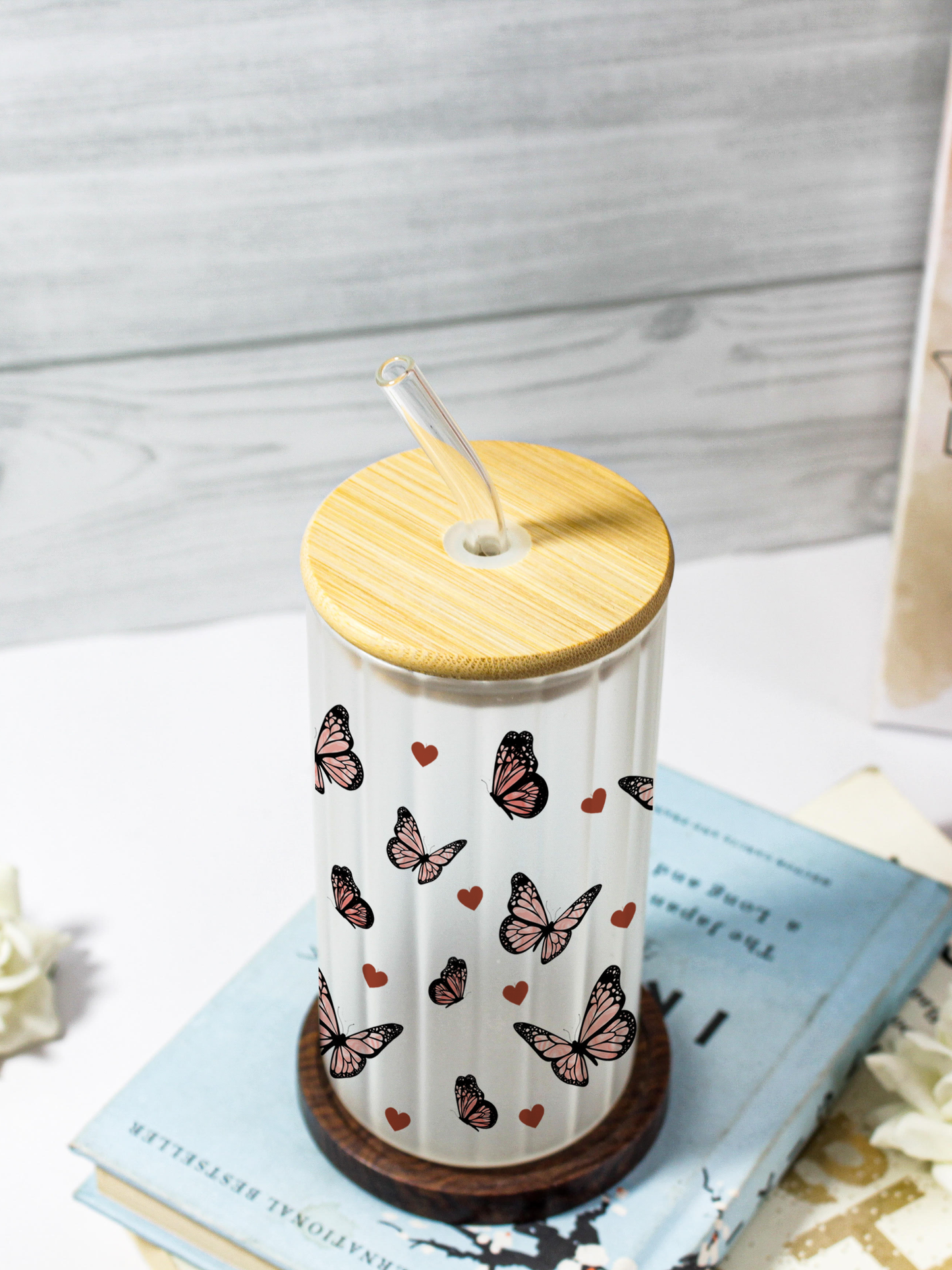 Frosted Ripple Taille Sipper 500ml| Butterfly All Over Print | 18oz Ripple Frosted Glass Tumbler with lid and straw